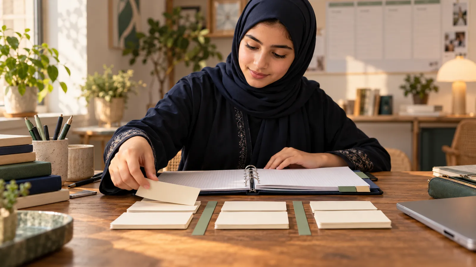 طالب يرتّب المراجعة النهائية ببطاقات موضوعات ودفتر