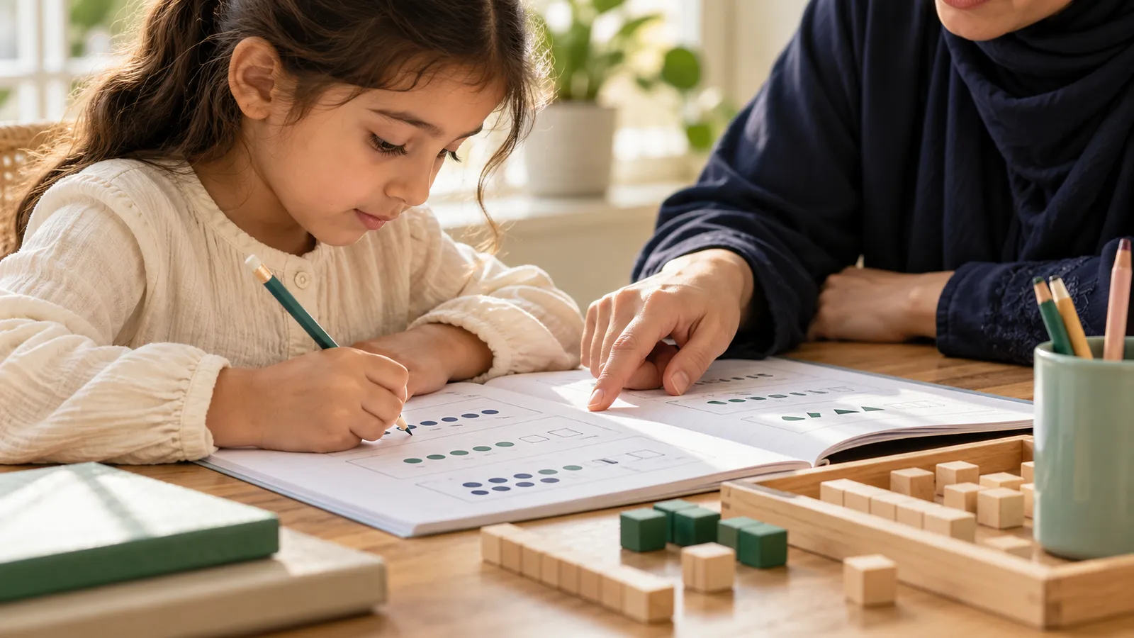 A parent guiding a child through maths homework