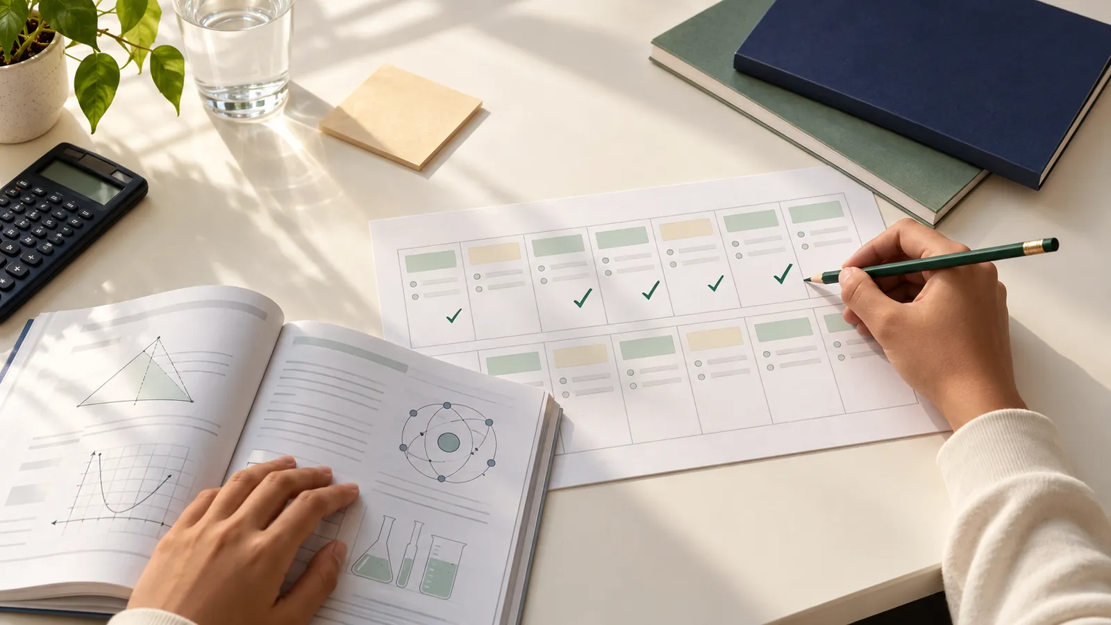A student planning two weeks of revision beside an open study workbook