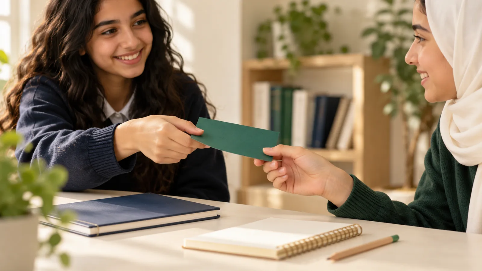 A student handing an invitation card to a friend