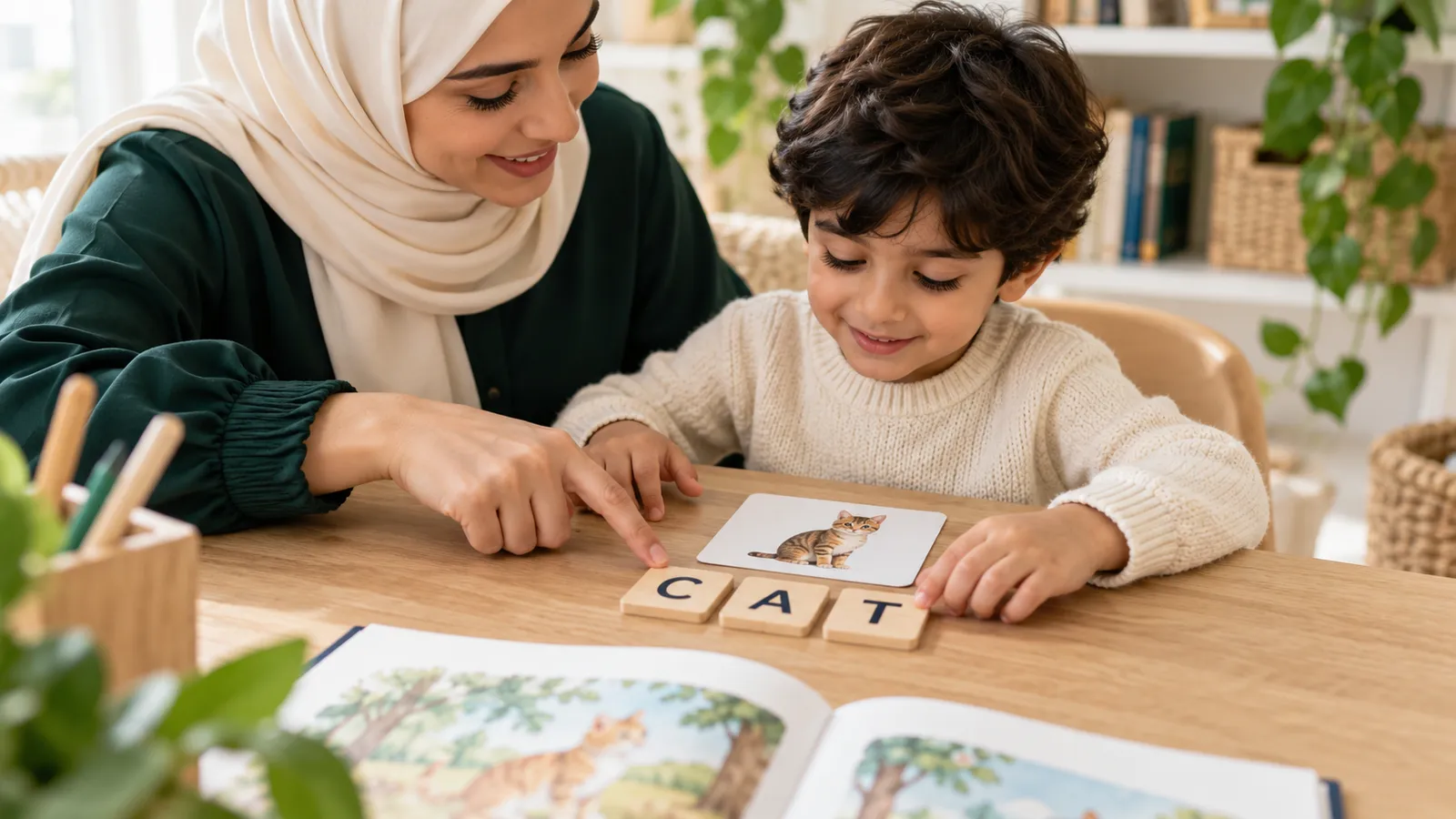 طفل يطابق حروف كلمة إنجليزية مع بطاقة مصوّرة