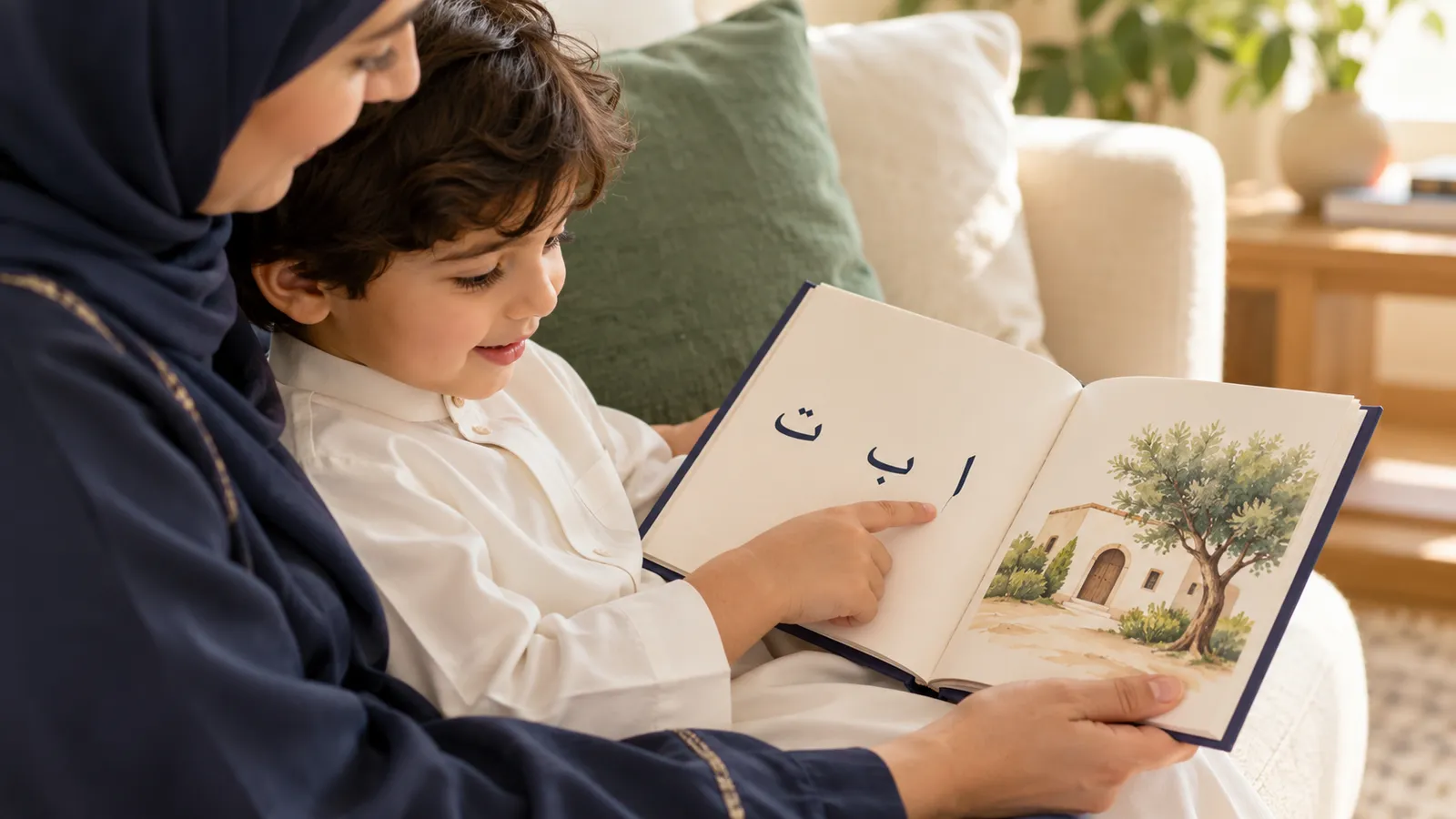 طفل يتتبّع الحروف العربية أثناء القراءة مع ولي أمره