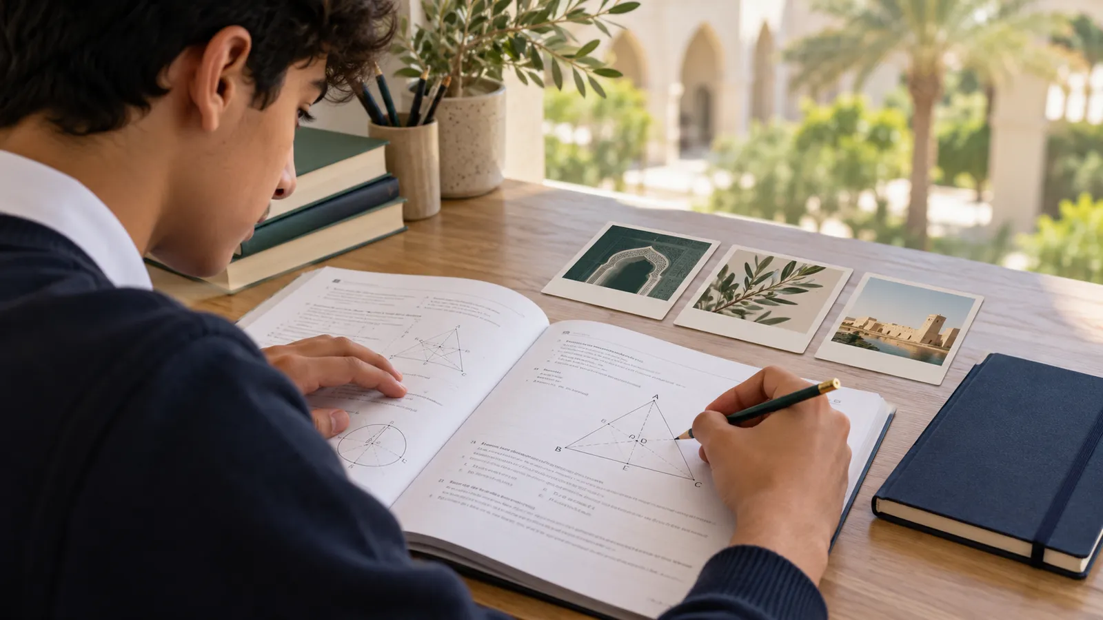 طالب يراجع مسائل الهندسة استعدادًا لاختبار القبول الجامعي