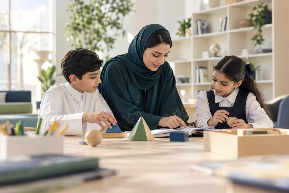 مشهد توضيحي لمعلمة تساعد طالبين في نشاط تعليمي