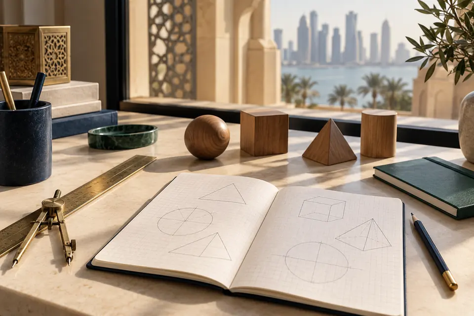 Geometry notebook, measuring tools and mathematical solids