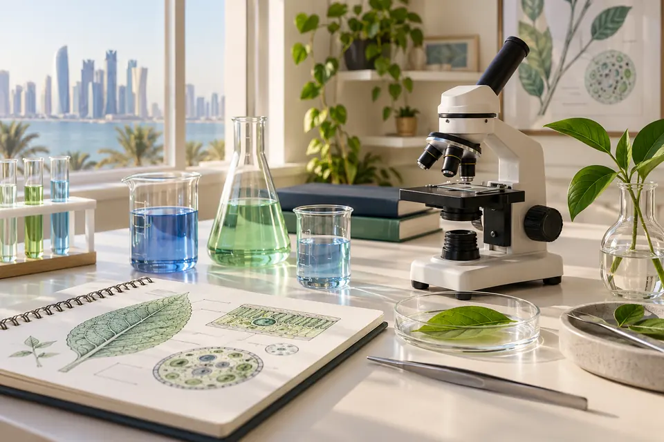 Microscope, plant samples and science experiment tools